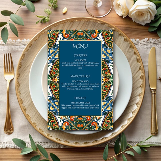 Menu de casamento elegante do Talavera mexicano (Mexican Talavera wedding teal  blue elegant wedding menu cards personalized table decor)