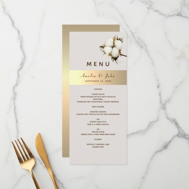 Menu de Casamento Elegante Dourado (Frente/Verso In Situ)