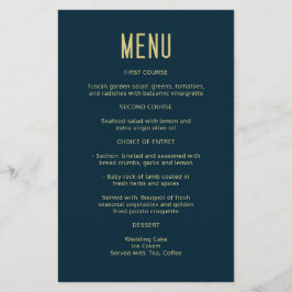 Menu de Casamento Elegante Dourado e Azul Moderno