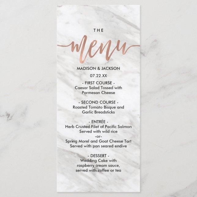 Menu de Casamento Elegante Dourado e Marble Branco (Frente)