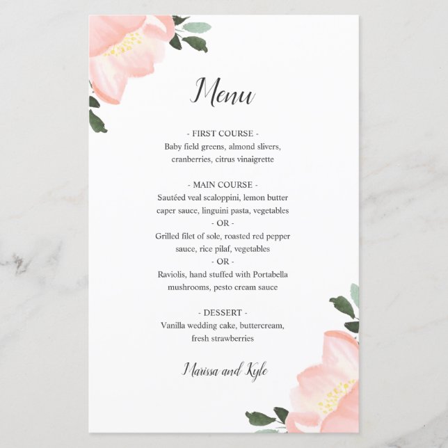 Menu de Casamento Elegante Floral Floral Cor de Ág (Frente)