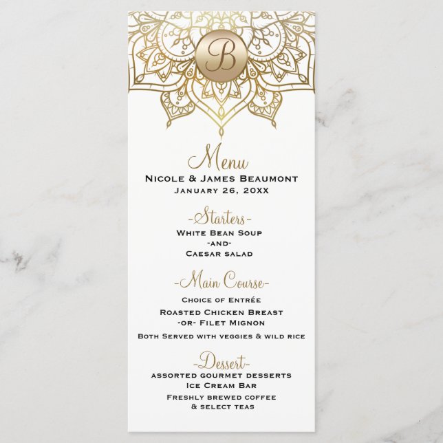 Menu de Casamento Elegante Moderno Mandala Dourada (Frente)