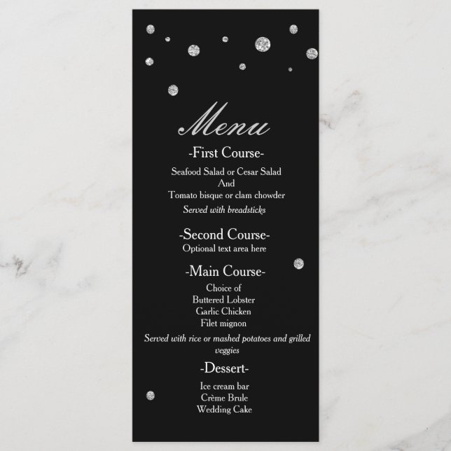Menu de Casamento Elegante Pontos de Brilho Preto  (Frente)