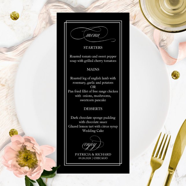 Menu de Casamento Elegante Preto e Branco 4x9 (Criador carregado)