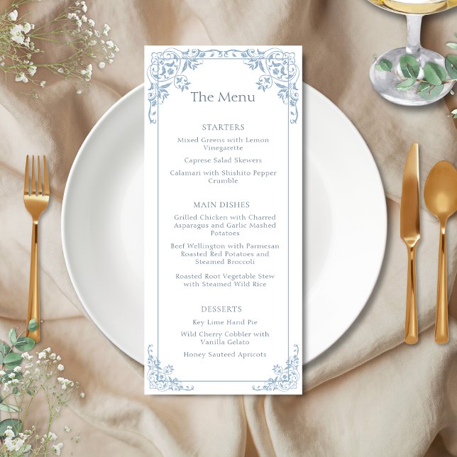 Menu de Casamento Elegante Romântico Azul e Branco (elegant blue and white romantic coastal chic wedding invitation with old money bridgerton aesthetics)