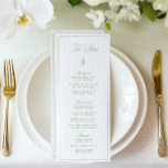 Menu de Casamento em Faixa Verde & Beige Clássica<br><div class="desc">Este elegante menu de casamento apresenta um fundo listrado de bege macio, emparelhado com uma refinada tipografia de serifpografia verde sage e delicados sotaques de guião. Projetado para casamentos de jardim, recepções formais ao ar livre e comemorações de eterno. A parte traseira inclui iniciais personalizáveis (excluir se não necessário), oferecendo...</div>