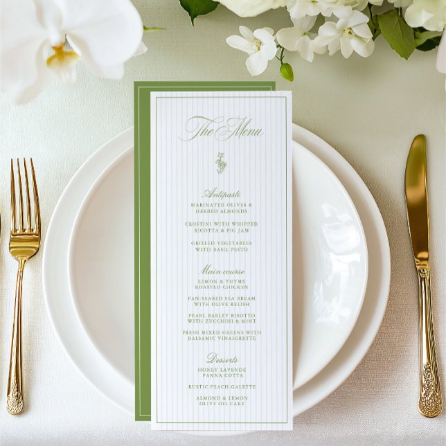 Menu de Casamento em Faixa Verde e Beige com Faixa (Vintage Sage Green & Beige Striped Wedding Menu)