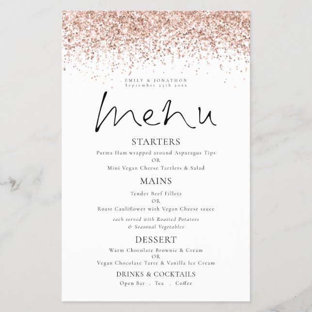 Menu de casamento em glitter rosa dourado com letr (Frente)