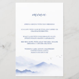 Menu de casamento entre montanhas e aves azuis