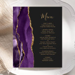 Menu de Casamento Escuro de Agato Dourado Roxo do<br><div class="desc">A borda esquerda deste elegante cardápio moderno de casamento apresenta uma cor d'água roxa, borda agitada com falso brilho dourado. O texto personalizável combina o script de escrita manual dourado e as fontes de impressão em um plano de fundo off-black. O verso apresenta um design de agate roxo e dourado...</div>