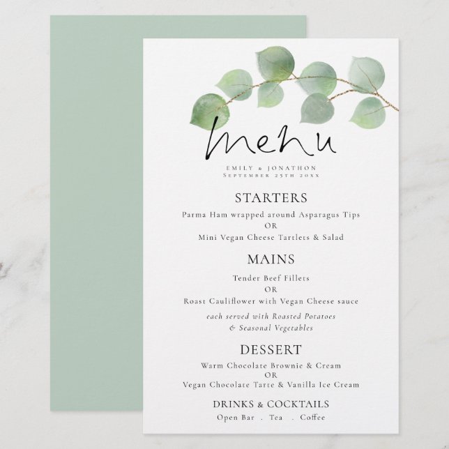 Menu de Casamento Eucalyptus com Aquarela Moderna  (Frente/Verso)