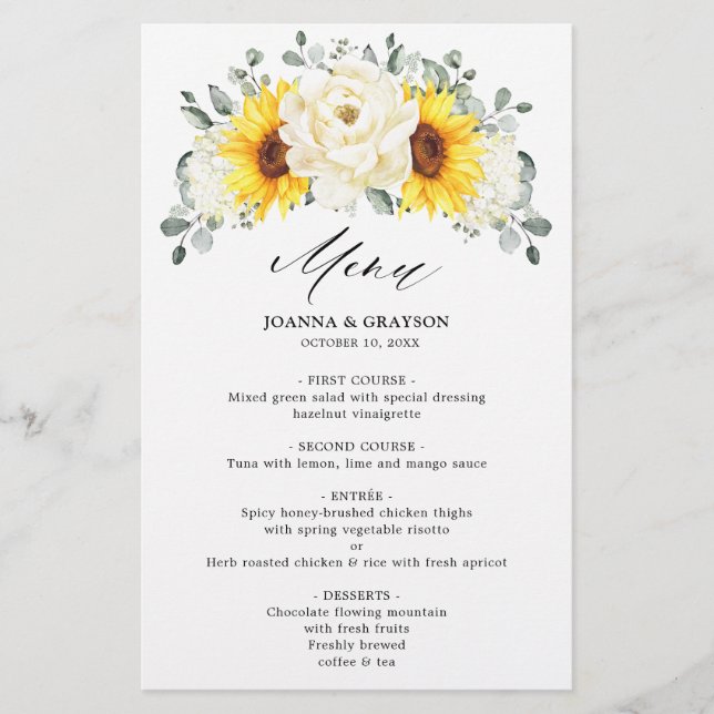 Menu de Casamento Eucalyptus de Sunflower Ivory (Frente)