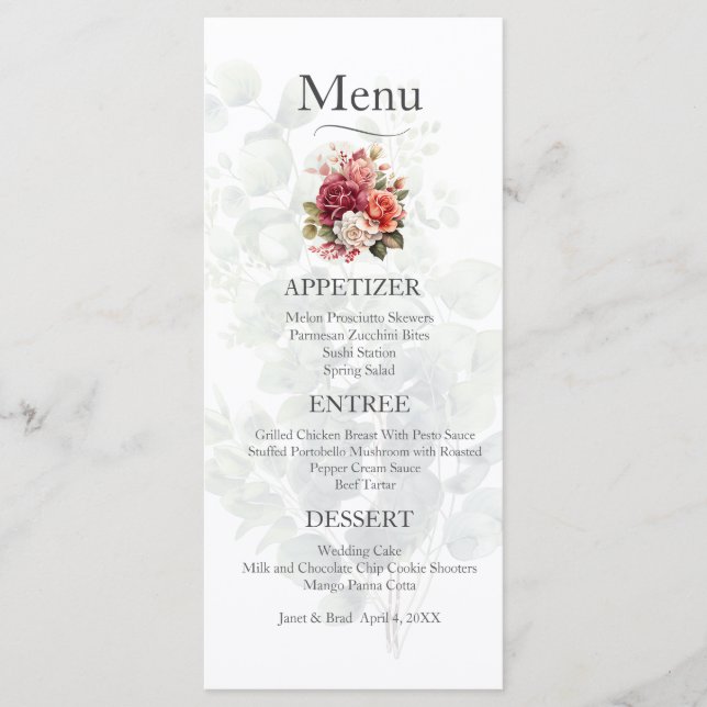 Menu de Casamento Eucalyptus Floral rosa (Frente)