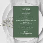 Menu de Casamento Evergreen Elegante Elegante de O<br><div class="desc">Um cartão de menu de janto cada barato verde, com as suas opções de comida em letras brancas chic, é perfeito para uma recepção de casamento moderna, janto de ensaio de casamento, festa de aniversário ou qualquer evento especial com um janto sentado. Medidas de 4, 5" x 5, 6" (ou...</div>