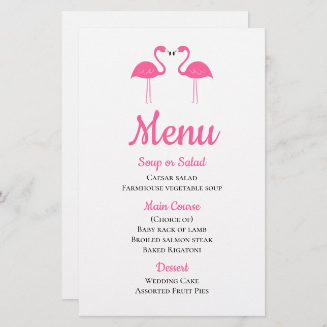 Menu de Casamento Flamingo, Rosa Tropical de Summe (Frente/Verso)