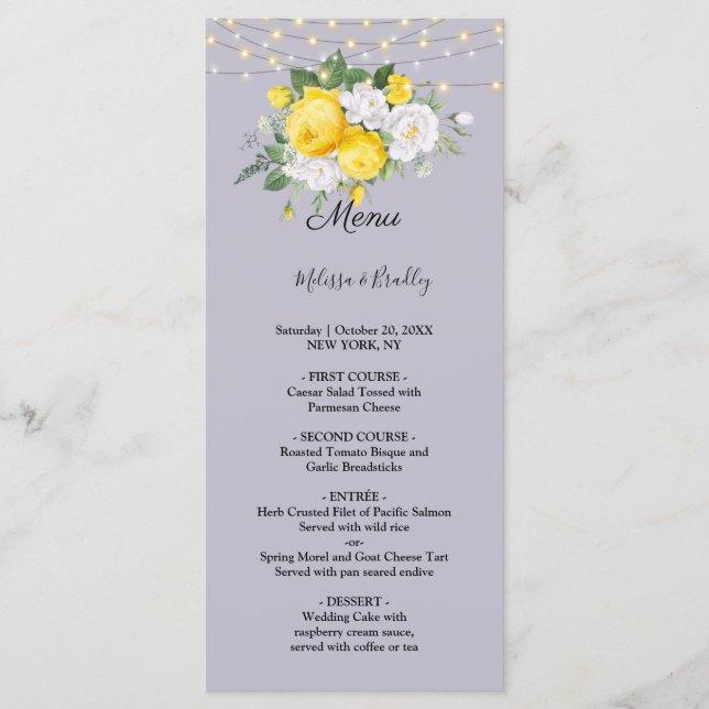 Menu de Casamento Floral Amarelo Luzes Rústicas (Frente)