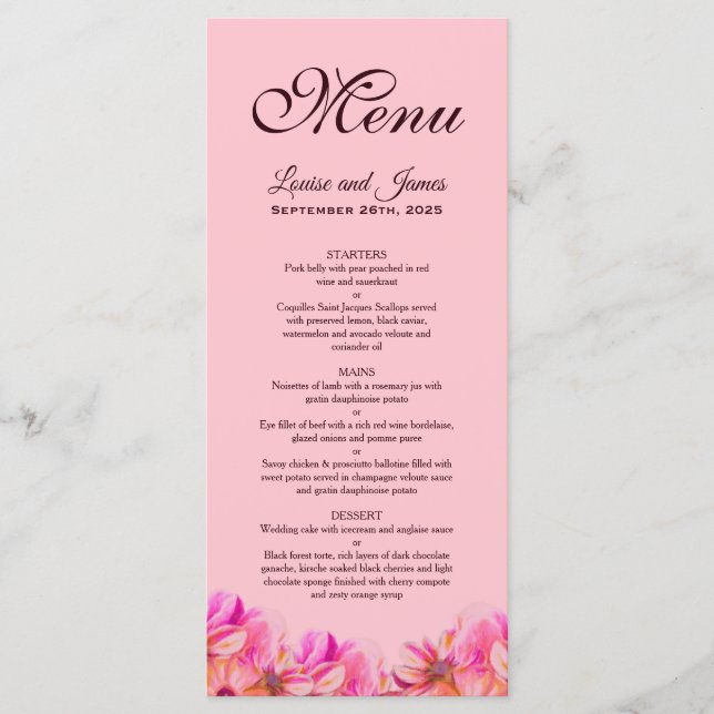 Menu de Casamento Floral Amarelo-Rosa Elegante (Frente)