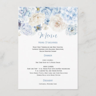 Menu de Casamento Floral Azul e Branco Pálido