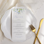 Menu de Casamento Floral Azul Elegante<br><div class="desc">Menus elegantes de casamento com uma borda superior de flores azuis claras e cor d'água e verde e o título "menu" com letra azul-clara de caligrafia moderna,  Edite com seus nomes,  data de casamento e menu. Clique em "personalizar mais" para ajustar o layout.</div>