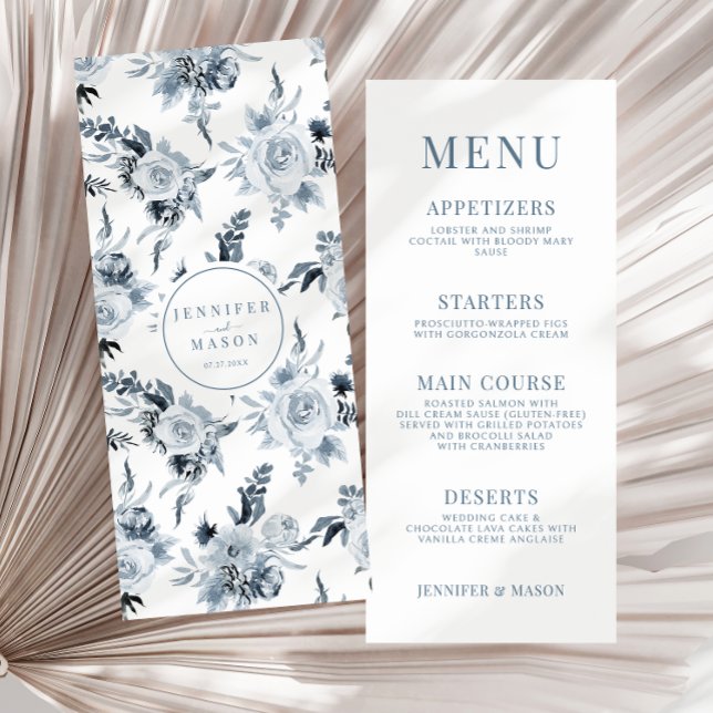 Menu de Casamento Floral Azul Elegante (Criador carregado)