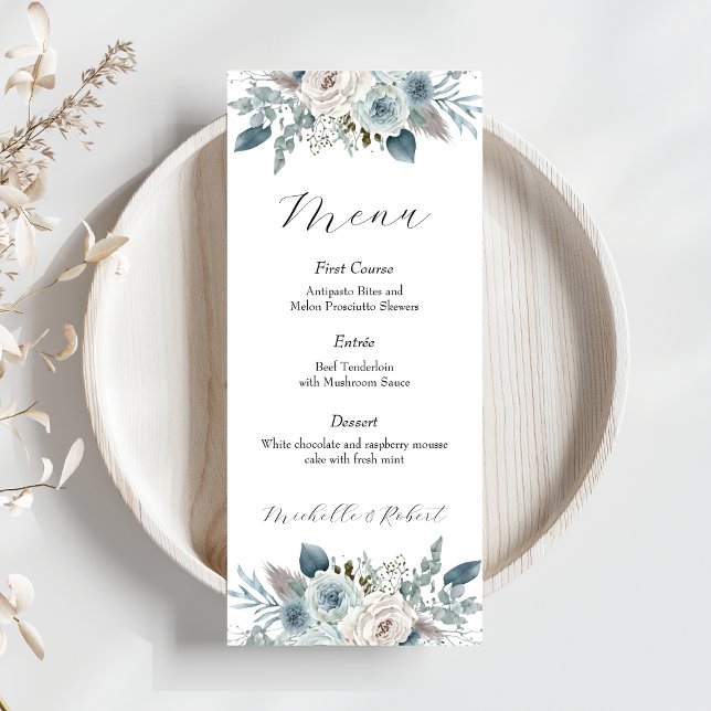 Menu de Casamento Floral Azul Personalizado (4"x9" (Criador carregado)
