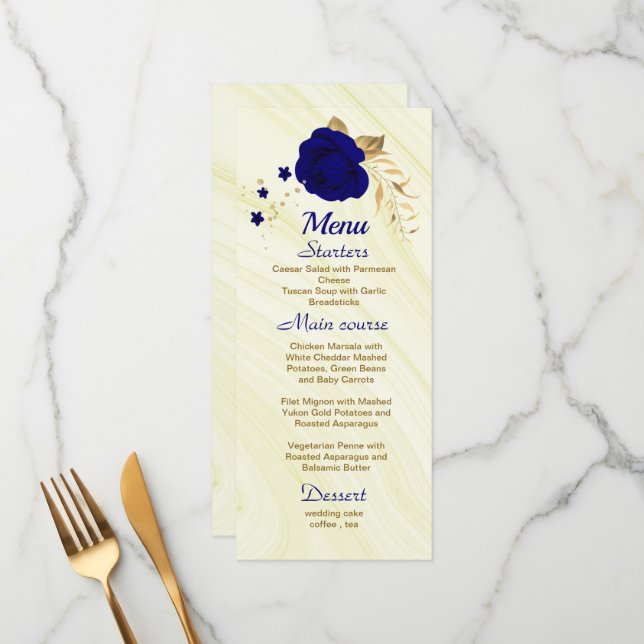 menu de casamento floral azul-real chic (Frente/Verso In Situ)