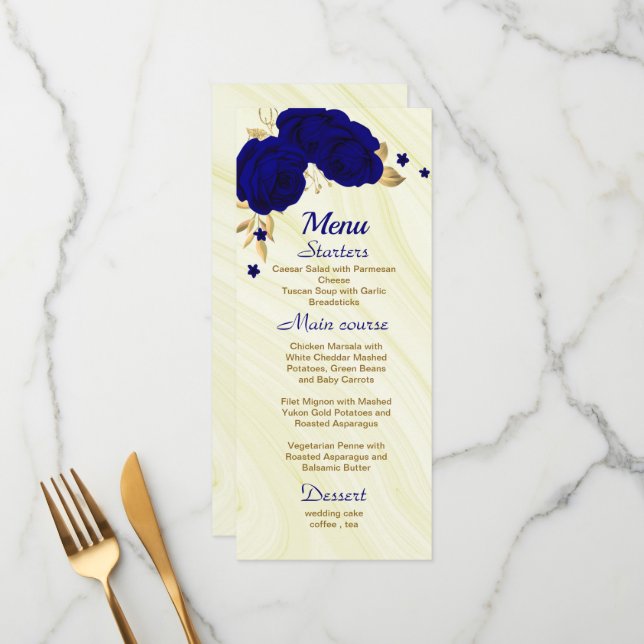 menu de casamento floral azul-real chic (Frente/Verso In Situ)