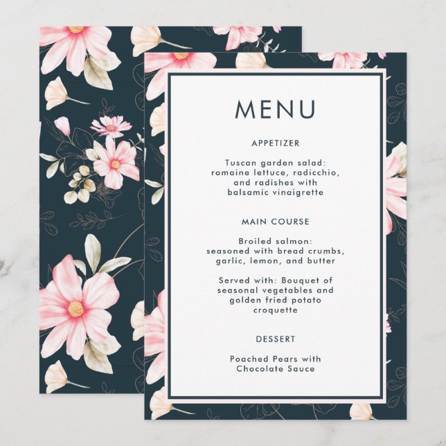 Menu de Casamento Floral Belo Blush Azul (Frente/Verso)
