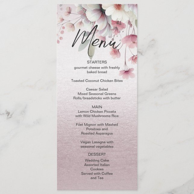 Menu de Casamento Floral Branca Moderno, Rosa (Frente)