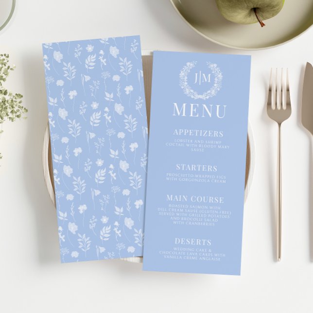 Menu de casamento floral branco azul elegante (Criador carregado)