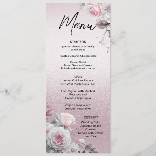 Menu de Casamento Floral Branco Cor-de-Rosa (Frente)