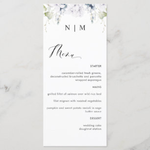 Menu de Casamento Floral Branco e Azul Elegante
