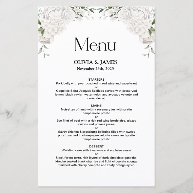 Menu de Casamento Floral Branco Elegante (Frente)