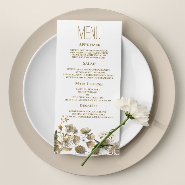 Menu de Casamento floral castanho-branco-marfim-es (Dark yellow ivory white brown floral Wedding Menu)