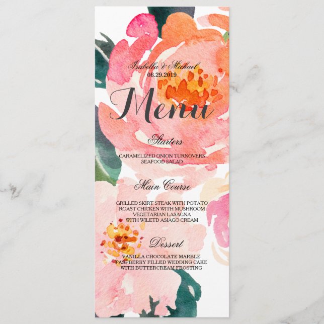 Menu de Casamento Floral Chic Watercolor (Frente)
