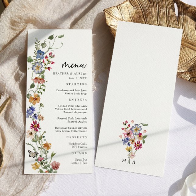 Menu de Casamento Floral Colorido (Watercolor Colorful Wildflower Monogrammed Wedding Menu by Painted Paperie)