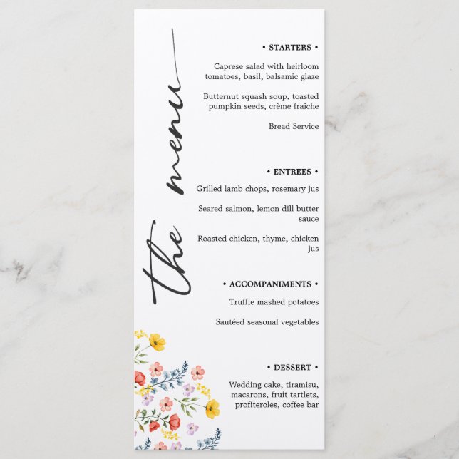 Menu de Casamento Floral com Escrita Vertical Mini (Frente)