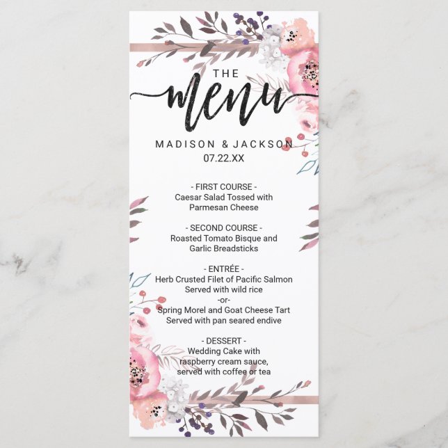 Menu de Casamento Floral com Moldura de Blush e Ro (Frente)