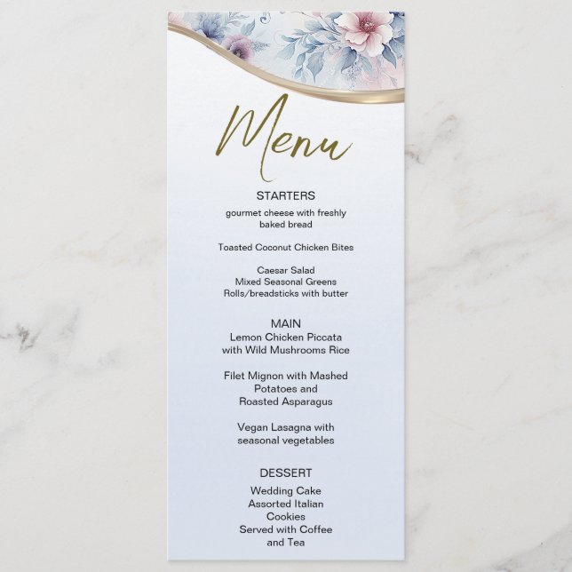 Menu de Casamento Floral Cor Azul Rosa-Rosa (Frente)