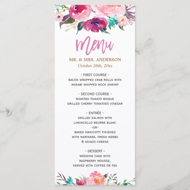 Menu de Casamento Floral Cor-de-Água Púrpura Rosa (Frente)