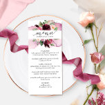 Menu de Casamento Floral Cor-de-Rosa-Blush Burgund<br><div class="desc">Burgundy elegante, cor-de-rosa, pincelada, verde-mauve e morango floral com modelo de menu de cor-de-água com a capacidade de adicionar o(s) seu(s) nome(s) e descrição do menu na frente, enquanto na área traseira pode mostrar o(s) evento(s) e data(s) do seu nome ou, se você quiser que este menu sirva como "cartão...</div>