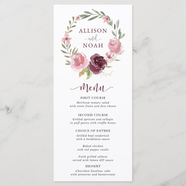 Menu de casamento floral cor-de-rosa com borrão br (Frente)