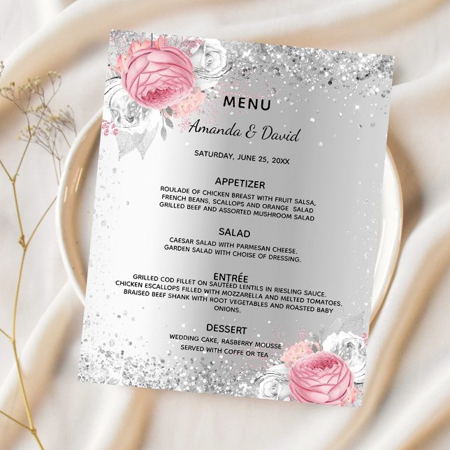 Menu de casamento floral cor-de-rosa-prata (Criador carregado)