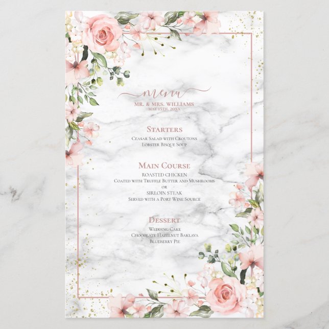 Menu de Casamento Floral Cor-de-Rosa Rosa Pecado e (Frente)
