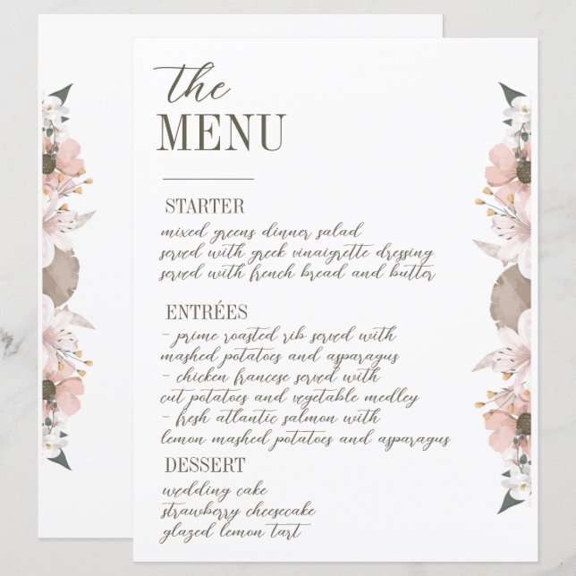Menu de Casamento Floral Cor Pastel (Frente/Verso)