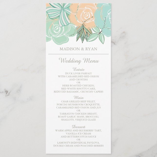 Menu de Casamento Floral da Casa de Pêssego Elegan (Frente)