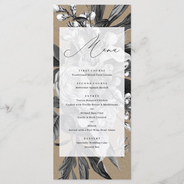 Menu de Casamento Floral da Kraft Rustic Industria (Frente)