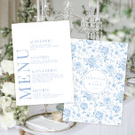 Menu de casamento floral da porcelana da chinoiser<br><div class="desc">Melhore sua porcelana azul eterno Chinoiserie inspirou a celebração do casamento com um cartão de menu elegante. Mostrando um padrão delicado de flores brancas e azuis-claras, este design refinado é complementado por um toque personalizado — a noiva e o monograma nobre no verso, criando um elemento memorável e distintivo para...</div>