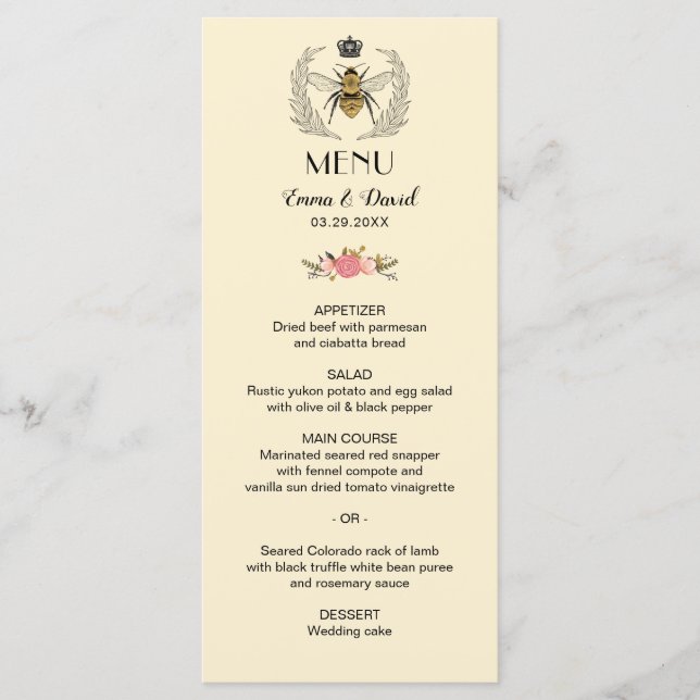 Menu de Casamento Floral da Rainha Real Bee Laurel (Frente)
