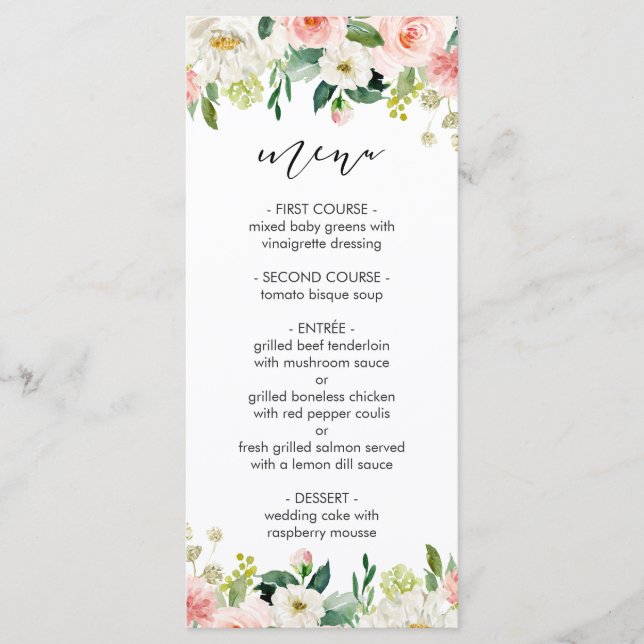 Menu de Casamento Floral de Blush White Bloom Wate (Frente)